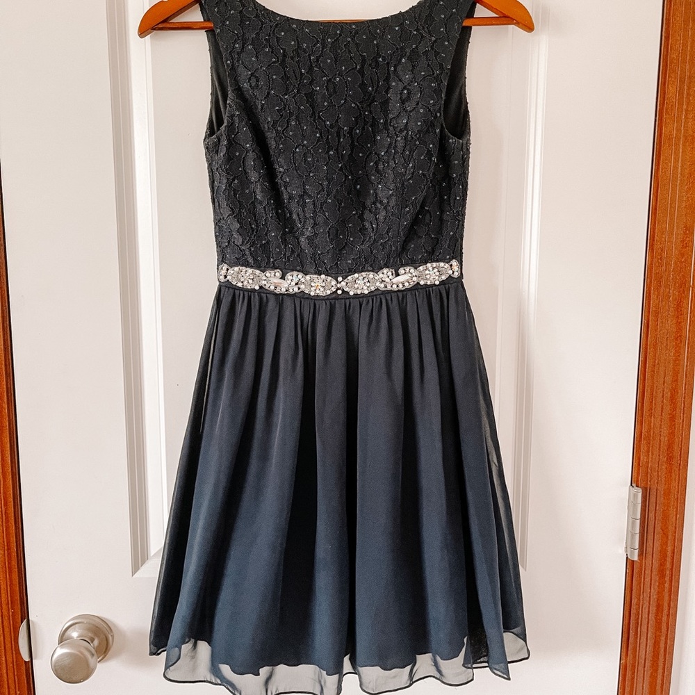 Navy Blue Chiffon Homecoming Dress with Silver Jeweled Belt Halter Top Size XS